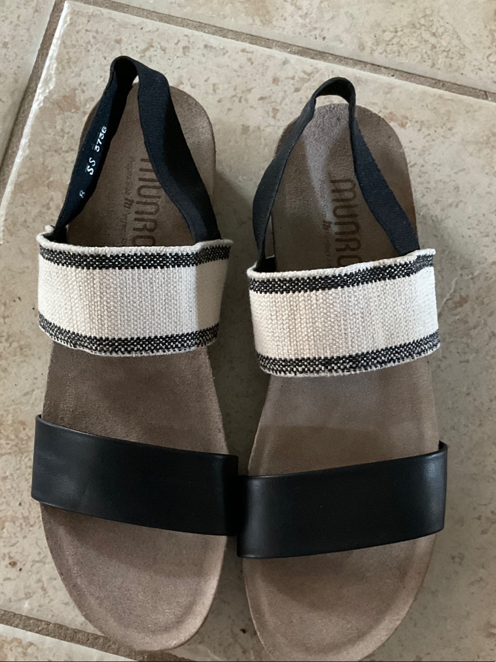 Munro Black and Cream Dual-Strap Slingback Sandals. Leather and cotton.